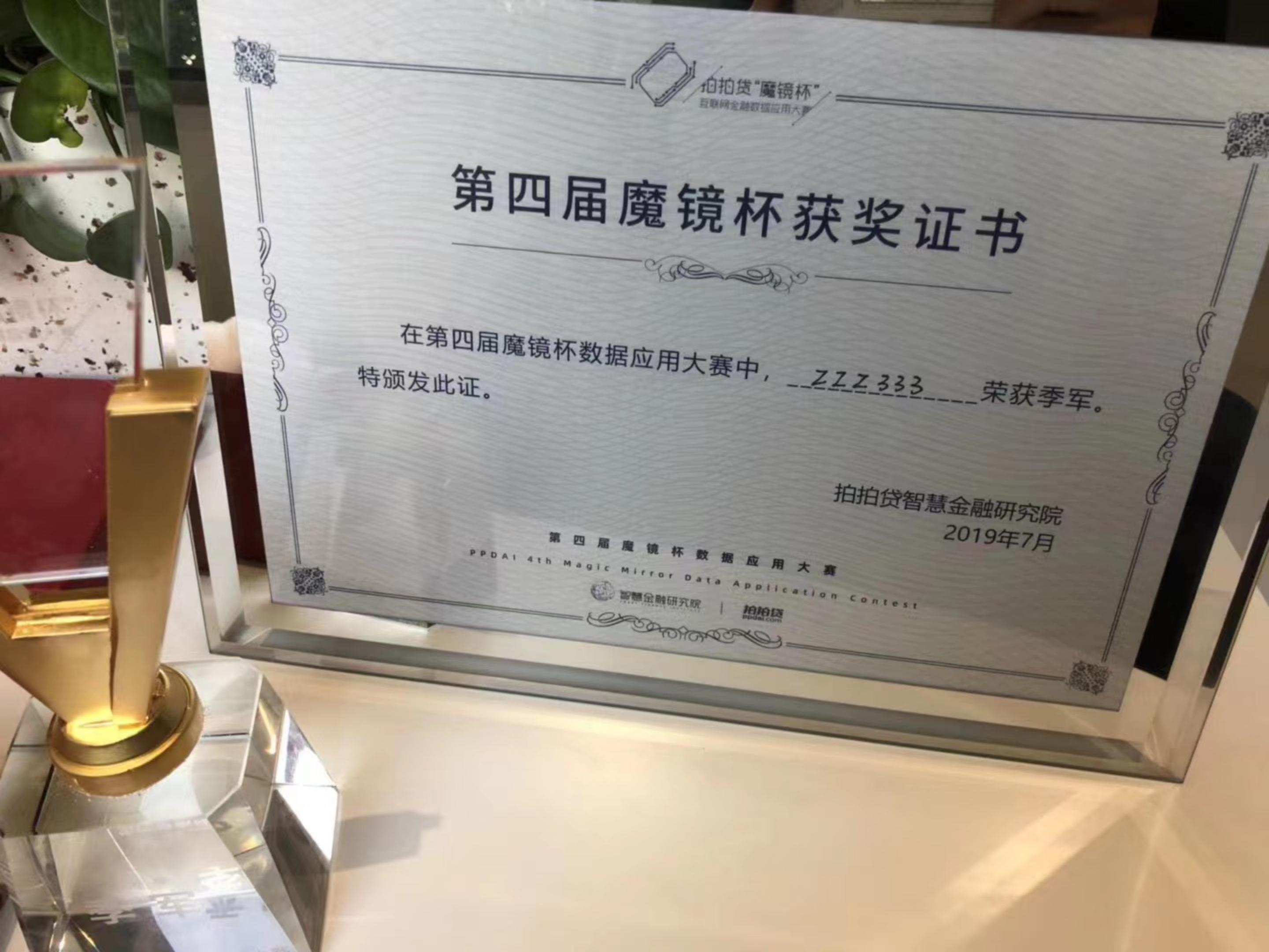 魔镜杯第三名奖杯奖状